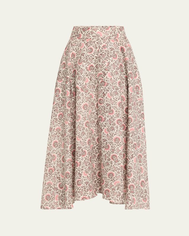 Jaya Floral-Print Linen Twill Midi Skirt